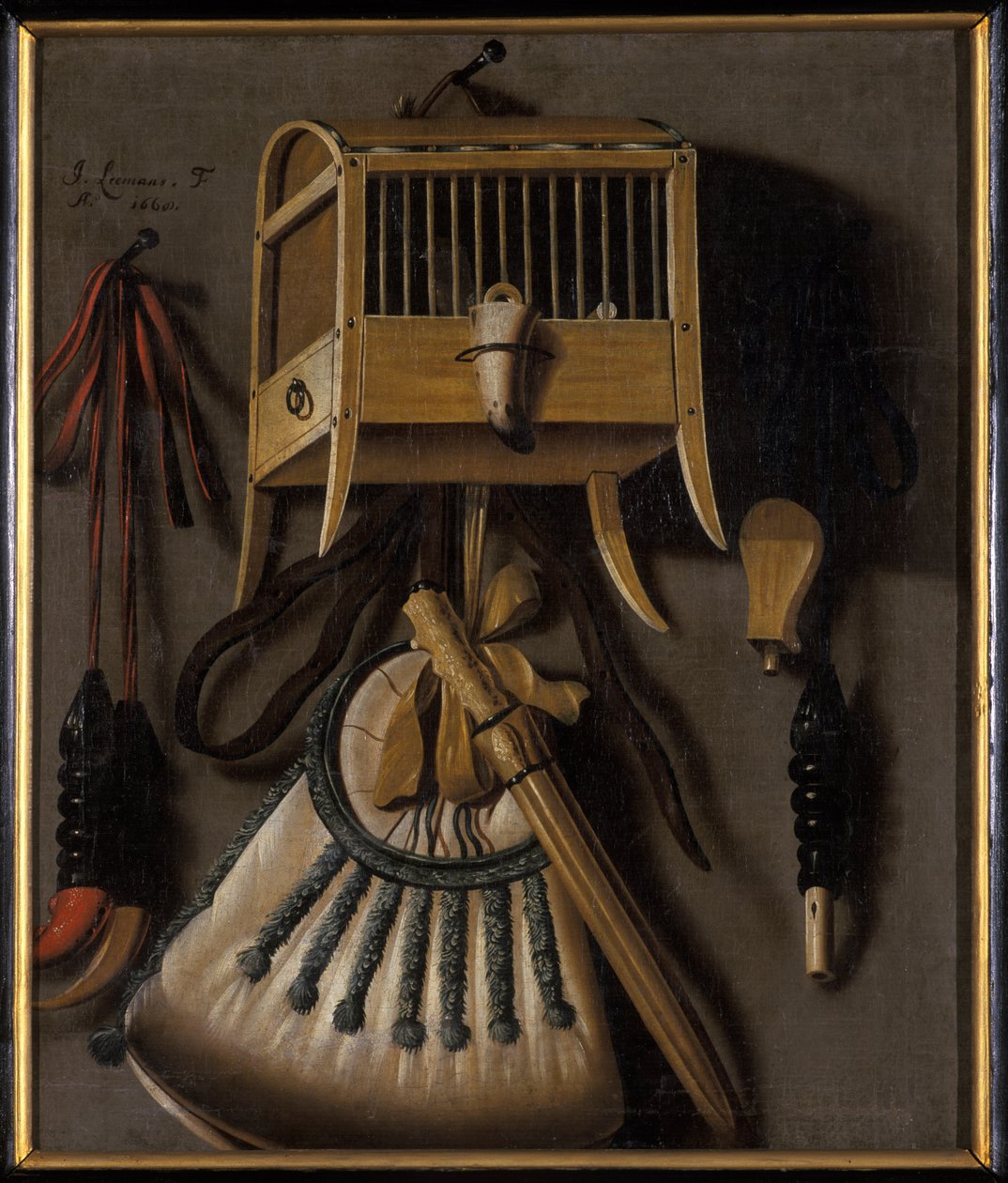 Stilleben med fuglefangstudstyr, 1660 af Johannes Leemans