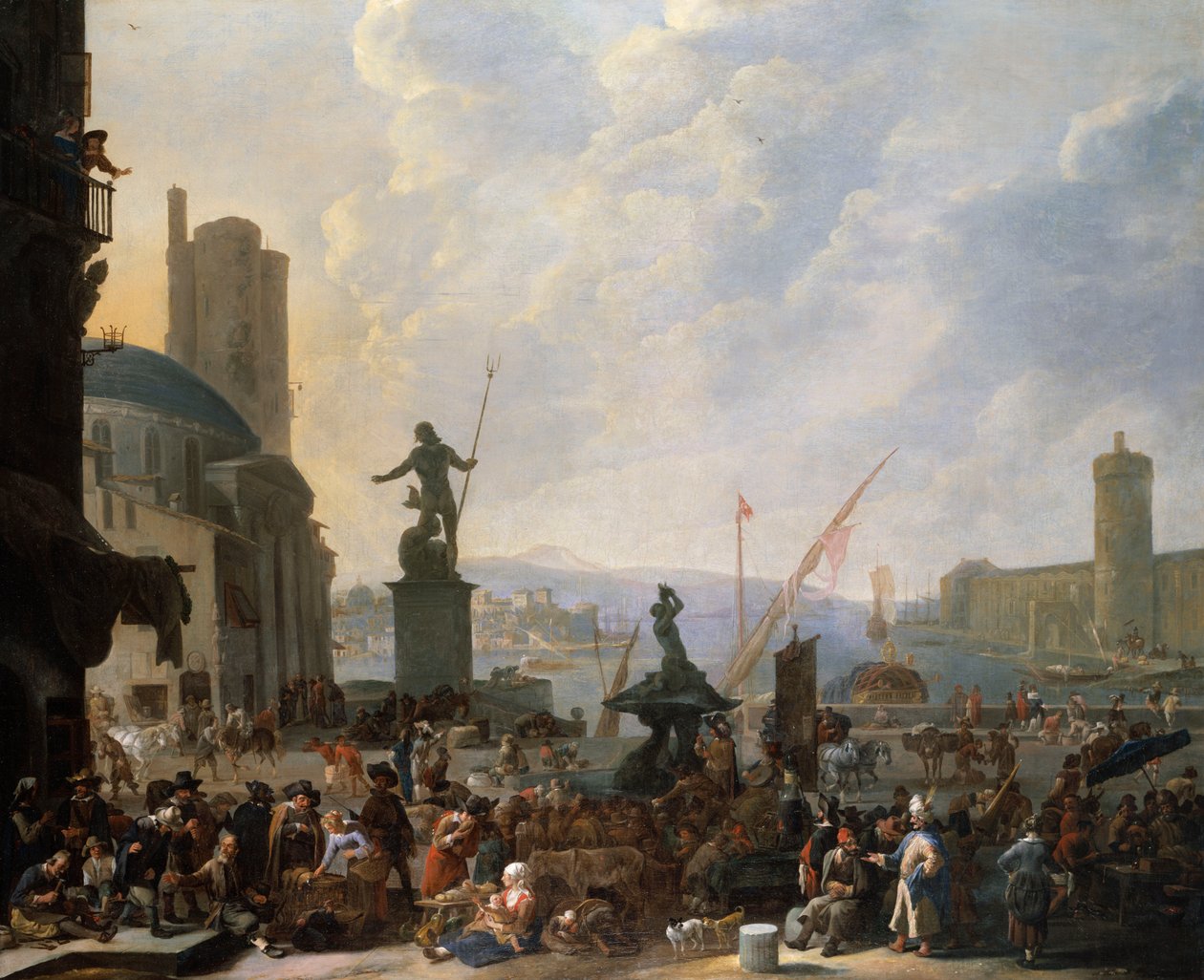 En Capriccio af en Middelhavshavn med Berninis Triton-fontæne og en Capriccio af Louvre-paladset, af Johannes Lingelbach