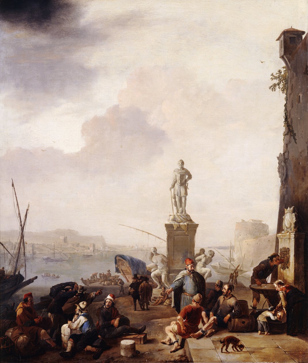 En middelhavshavn med monumentet af storhertug Ferdinando I af Toscana ved Leghorn, af Johannes Lingelbach