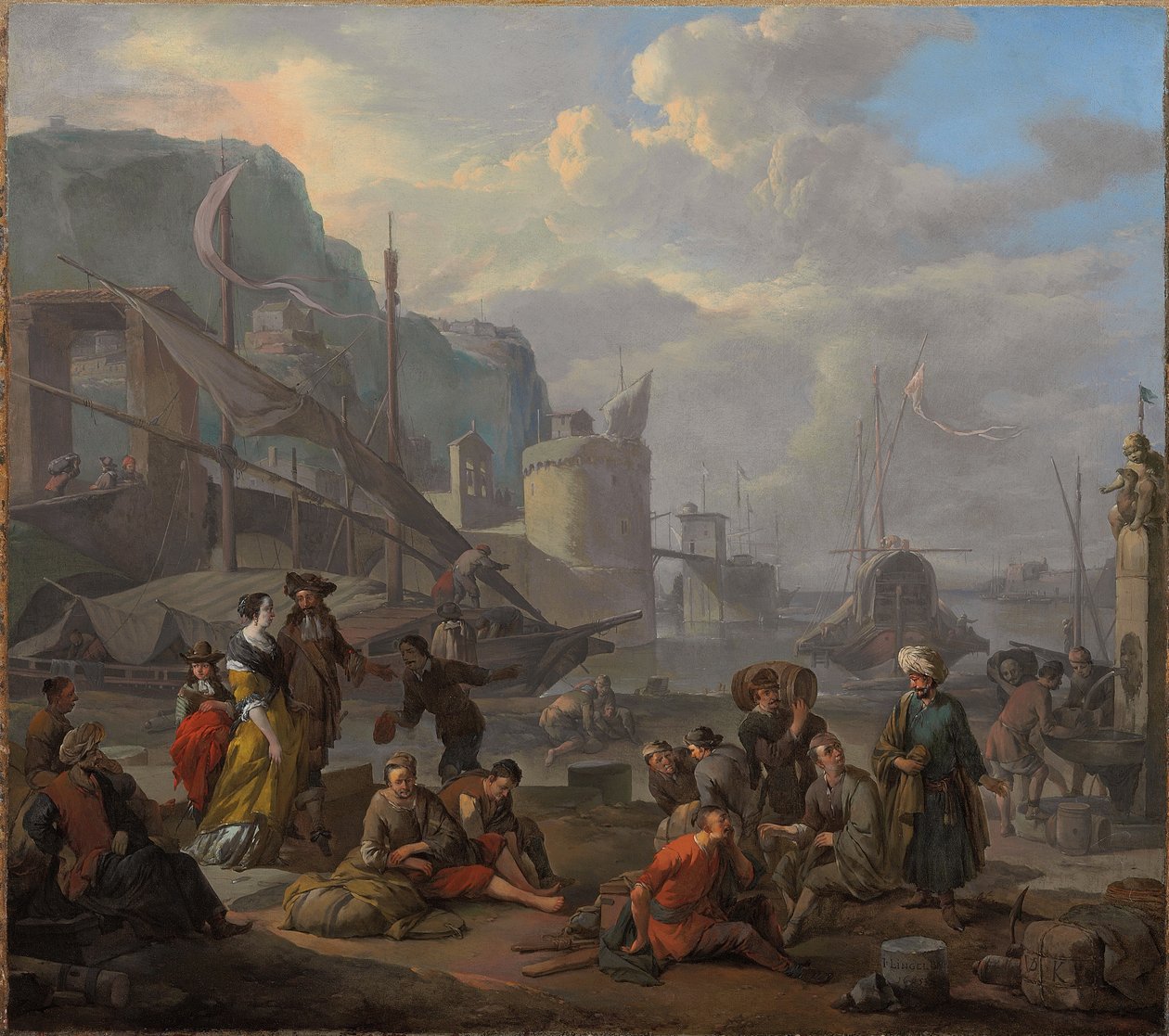 En middelhavshavn med et elegant par og rejsende hvilende ved kajen af Johannes Lingelbach