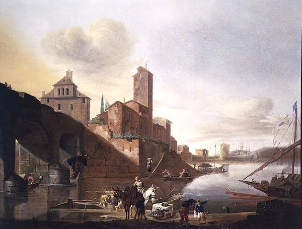 Udsigt over Ponte Molle i Rom af Johannes Lingelbach