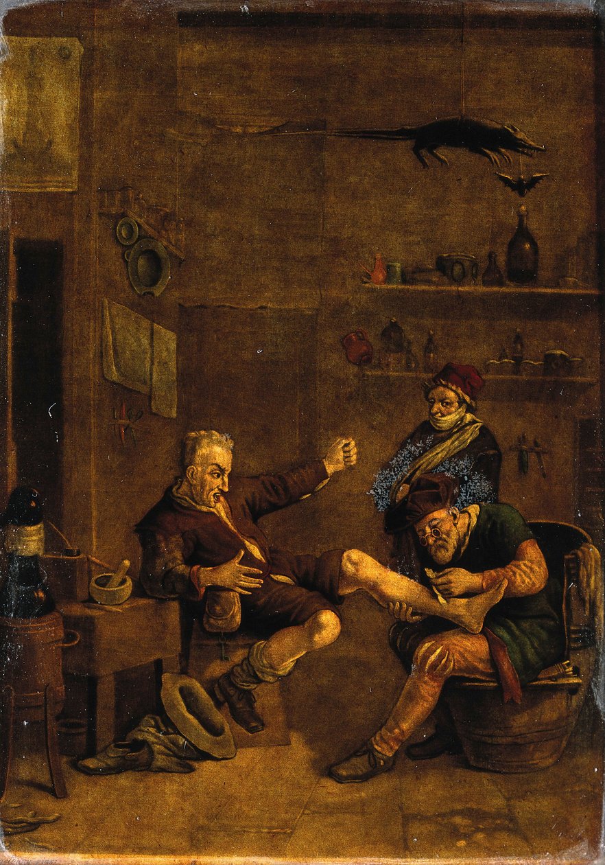 En kirurg, der behandler en mands fod. Mezzotint efter et motiv, der tilskrives Johannes Lingelbach. af Johannes Lingelbach