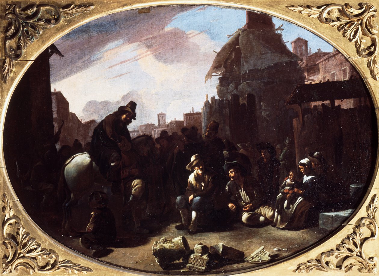 Bambocciata, Tandtrækker i Piazza Navona (olie på lærred) af Johannes Lingelbach