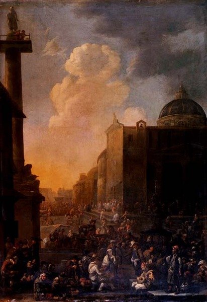 Capriccio udsigt over en romersk piazza (olie på panel) af Johannes Lingelbach
