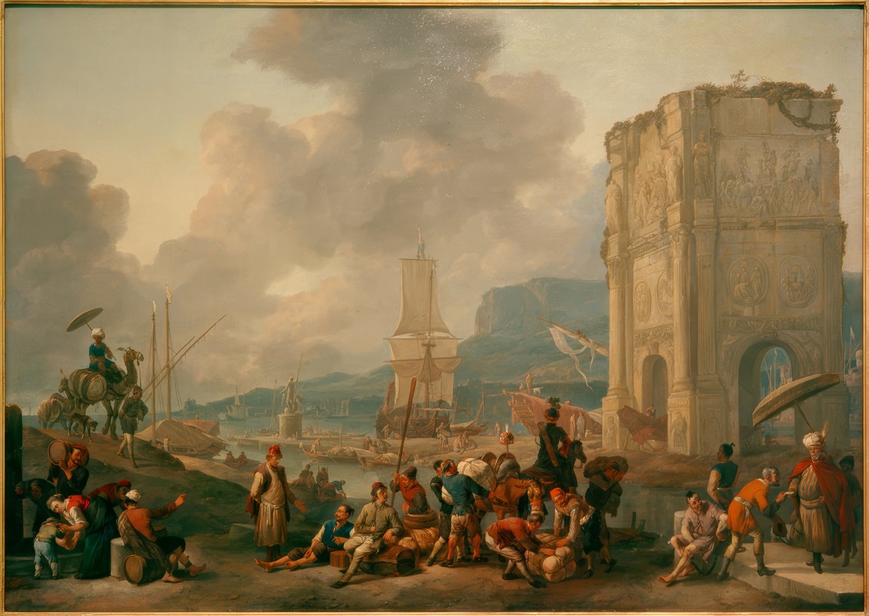 Capriccio af en italiensk havn med Konstantinbuen af Johannes Lingelbach