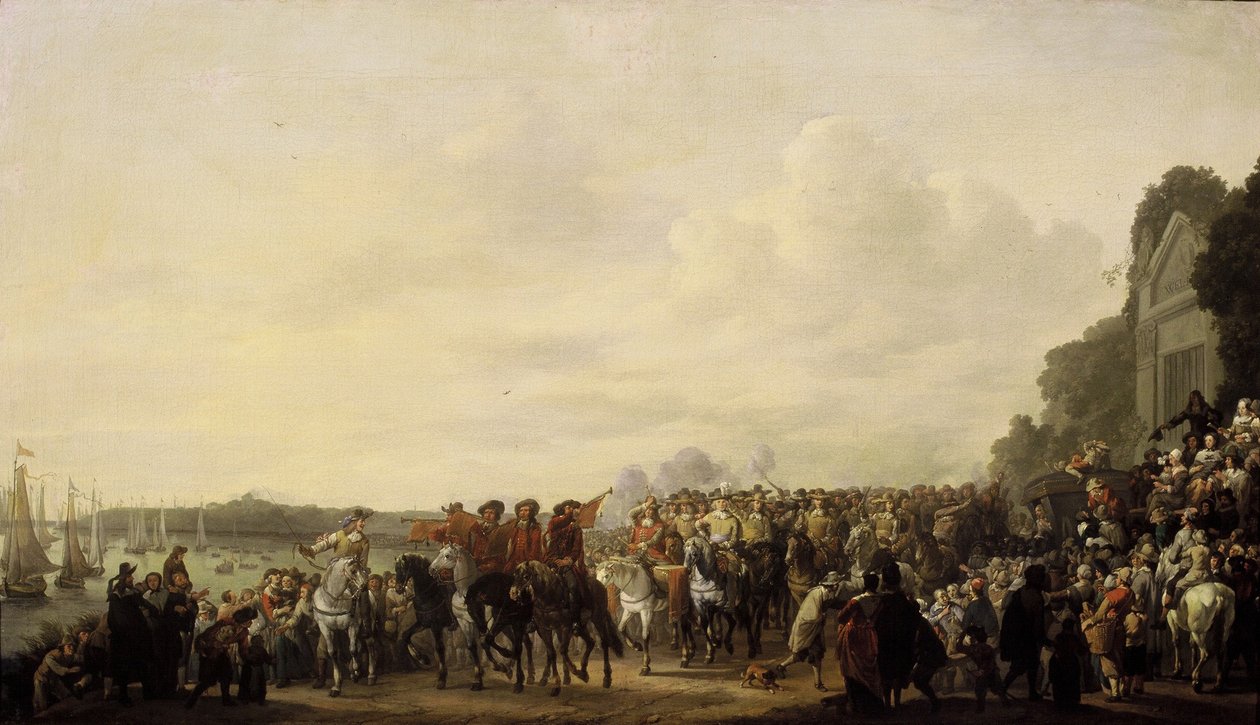 Charles II stopper ved godset Wema på Rotte på sin rejse fra Rotterdam til Haag, 25. maj 1660 af Johannes Lingelbach