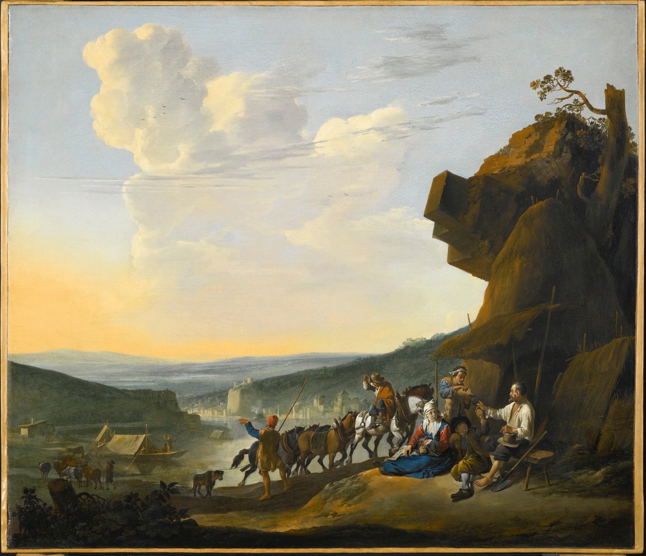 Tysk: Südliche Landschaft mit Fähre Sydligt landskab med udsigt over en bugt, med rejsende, der hviler sig af Johannes Lingelbach