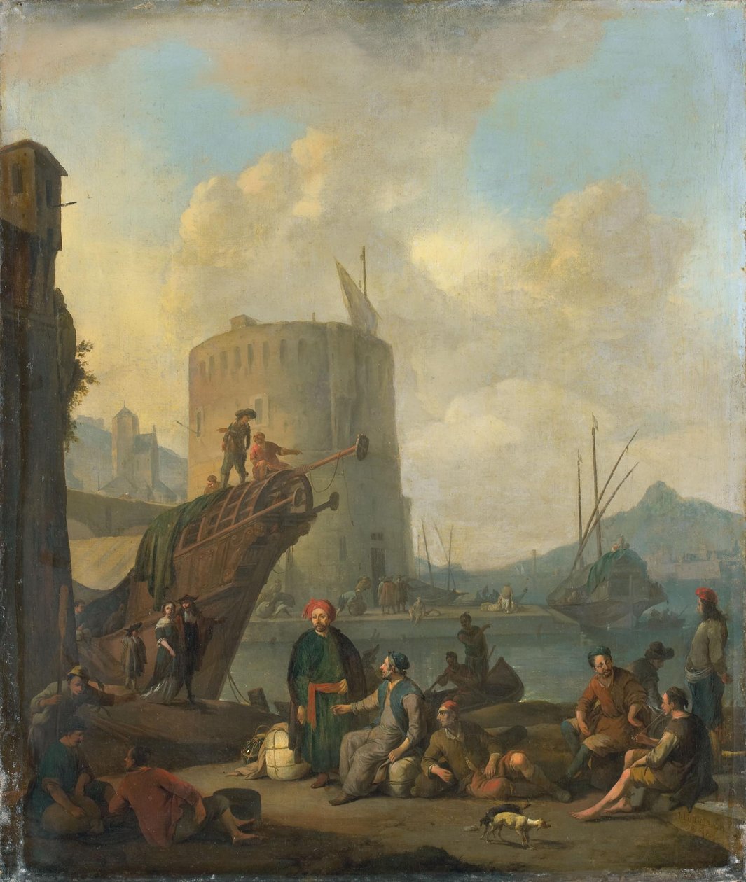Italiensk havn med et befæstet tårn af Johannes Lingelbach