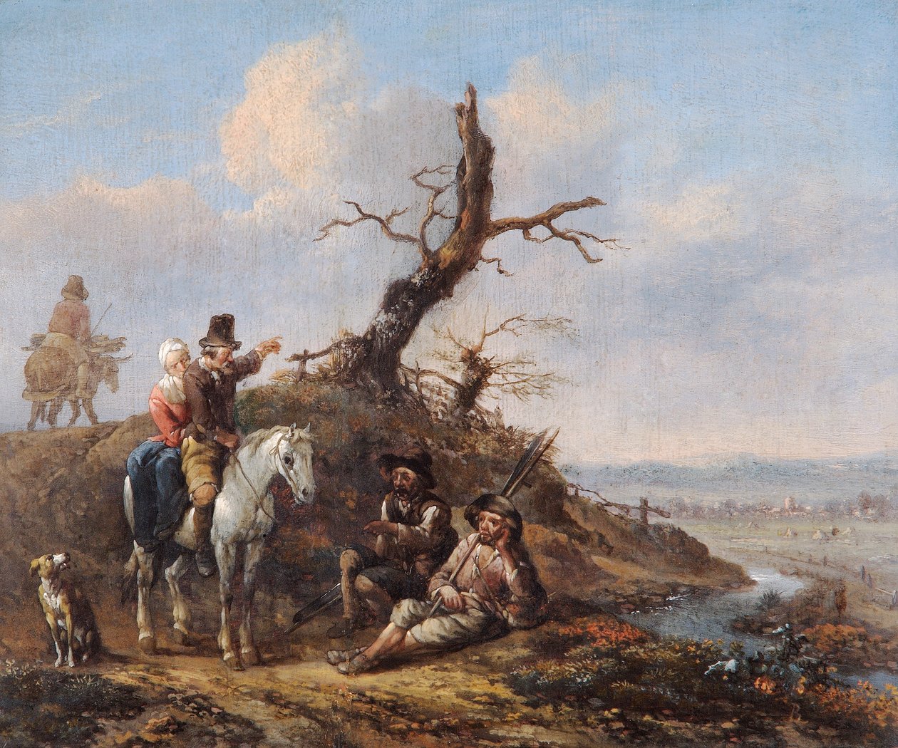 Landskab med rejsende hvilende og par til hest (olie på egetræspanel) af Johannes Lingelbach