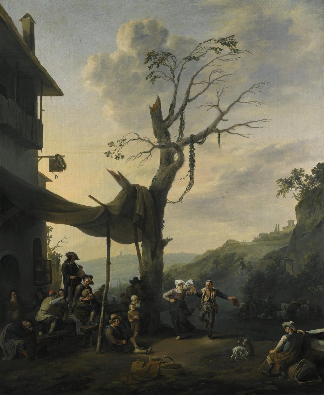 Bjerglandskab med bønder, der danser og spiller musik foran en kro af Johannes Lingelbach