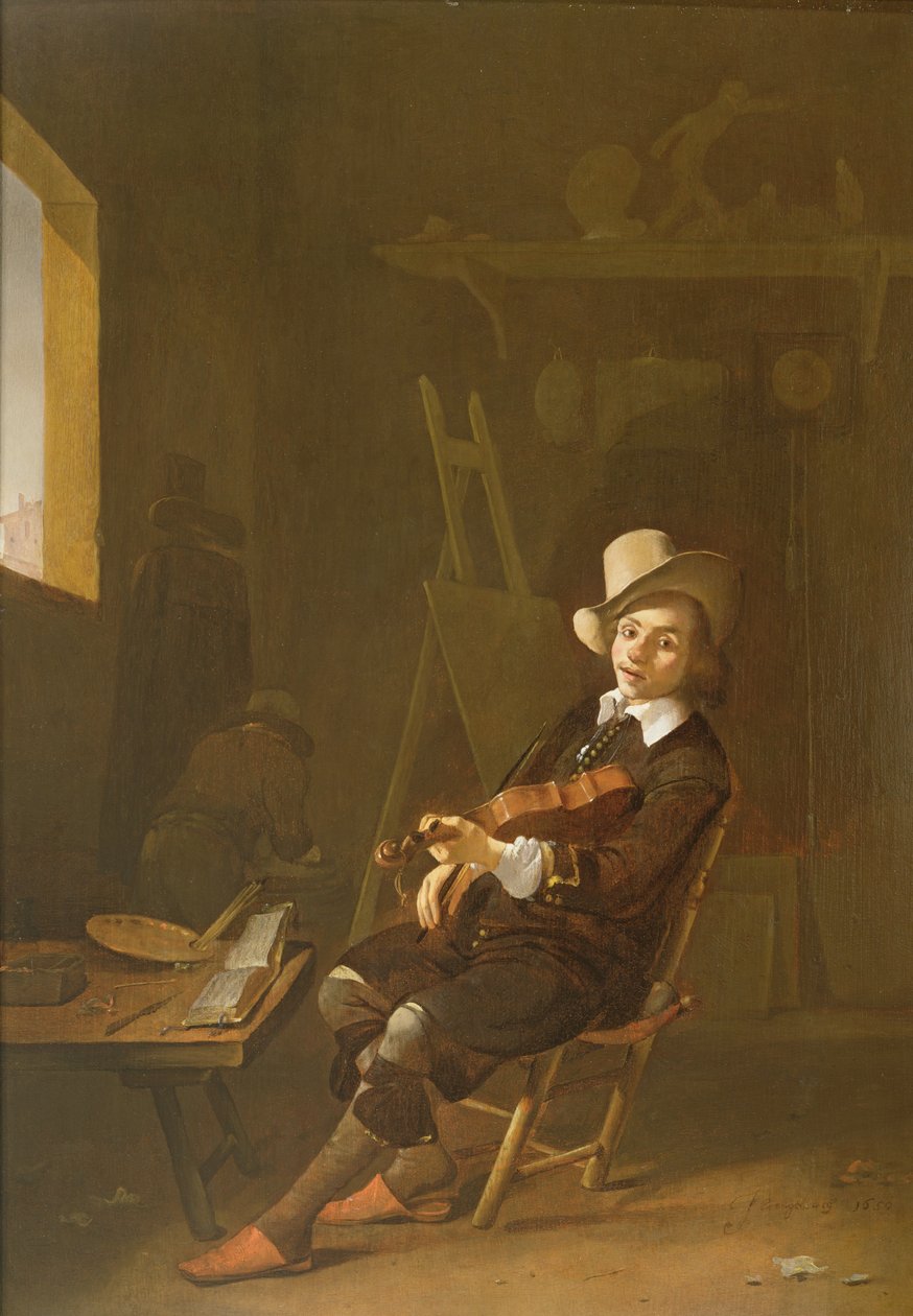 Selvportræt af kunstneren, der spiller en violin af Johannes Lingelbach