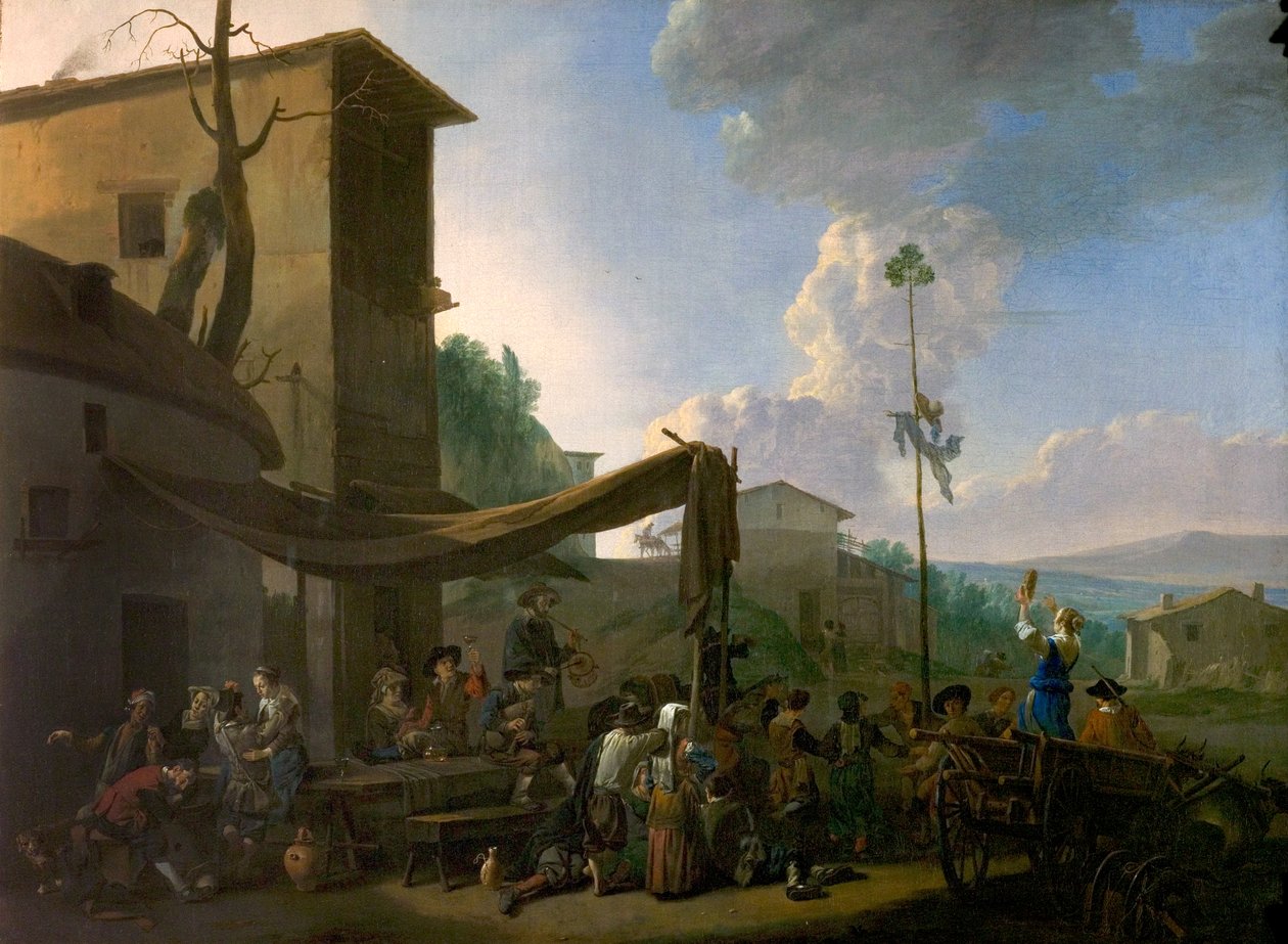 Landsbyscene med Bønder Merrymaking (olie på lærred) af Johannes Lingelbach