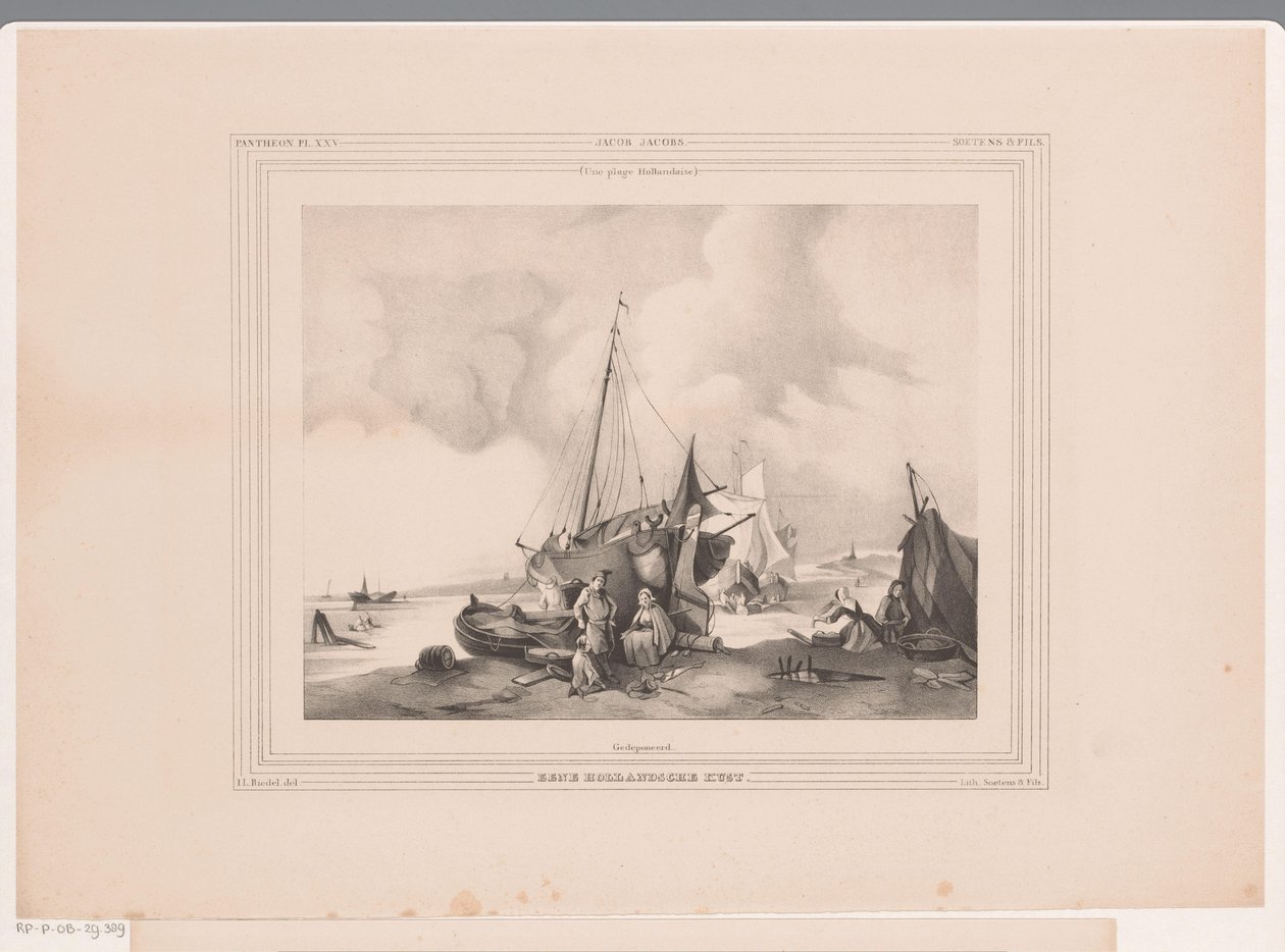 Hollandsk kyst med både og mennesker En hollandsk kyst (titel på objekt) af Johannes Lodewijk Riedel