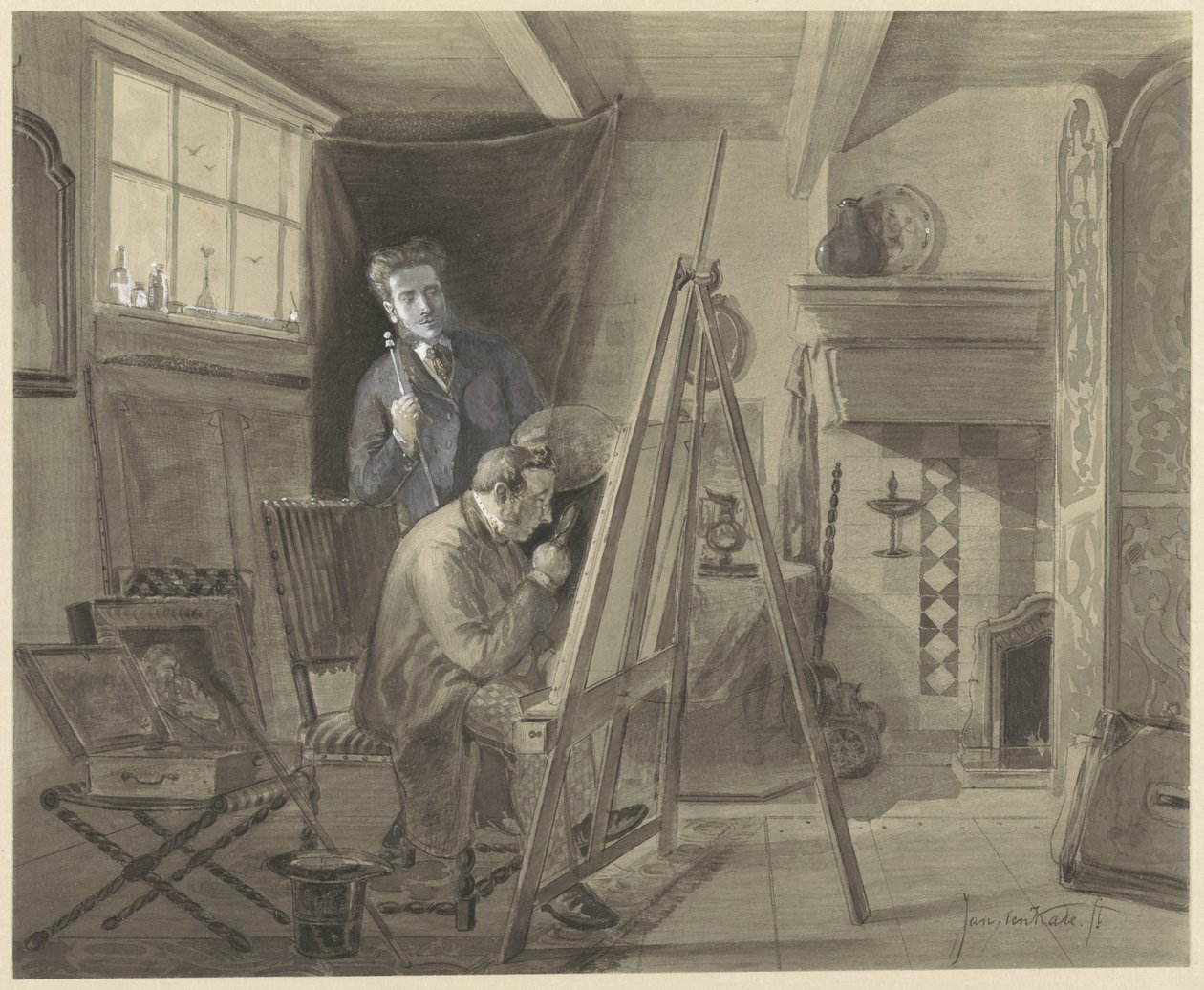 Selvportræt af Johannes Marius van Kate, stående i sit atelier med en besøgende af Johannes Marius ten Kate