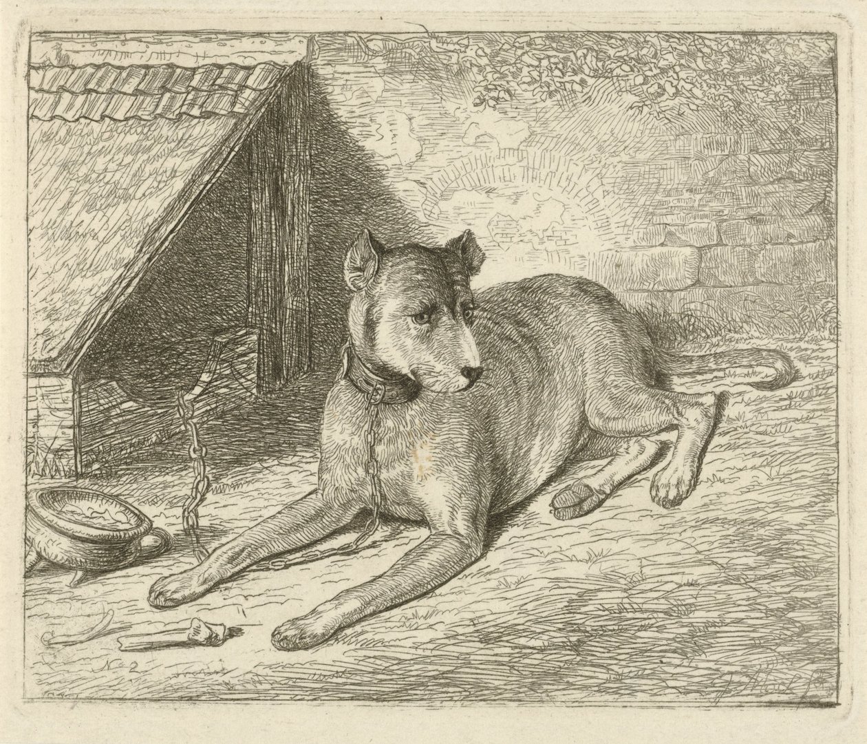 Hund på en kæde ved et hundehus af Johannes Mock
