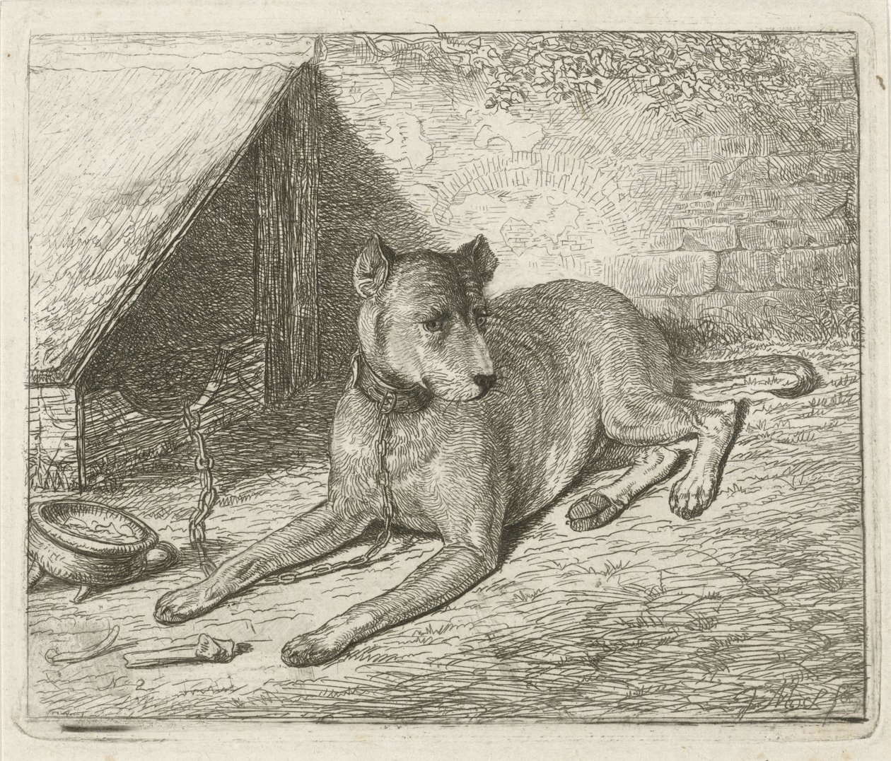 Hund på en kæde ved et hundehus af Johannes Mock