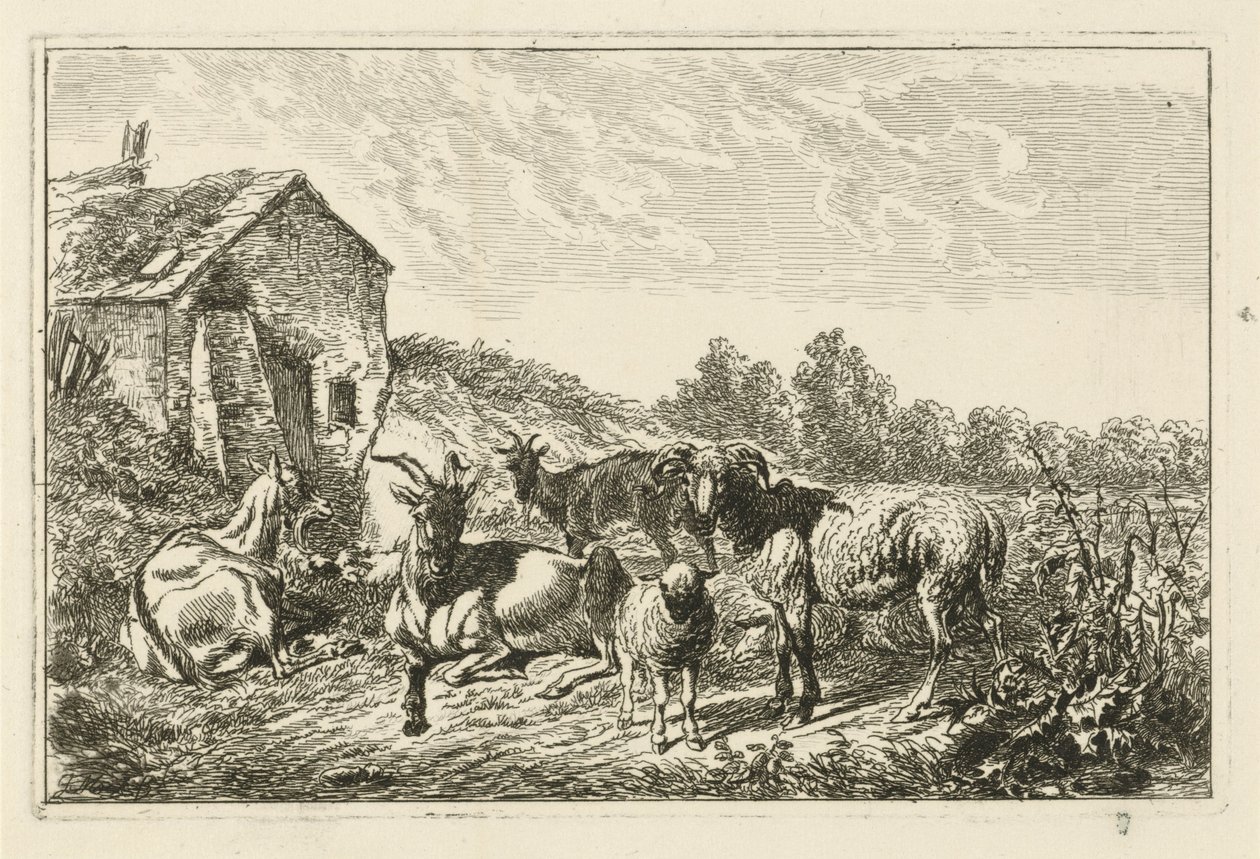 Fire geder og et får ved et hus af Johannes Mock