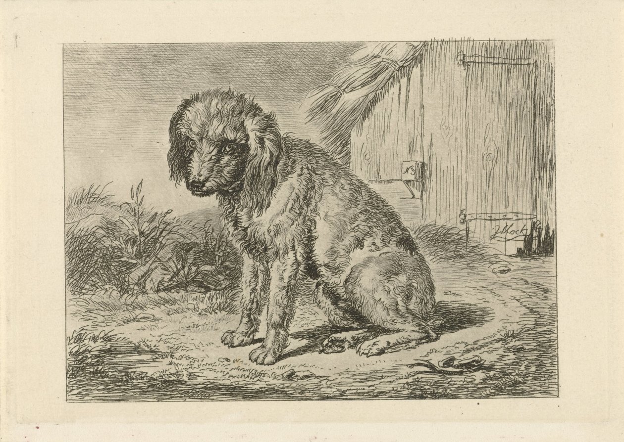 Siddende hund ved en lade af Johannes Mock