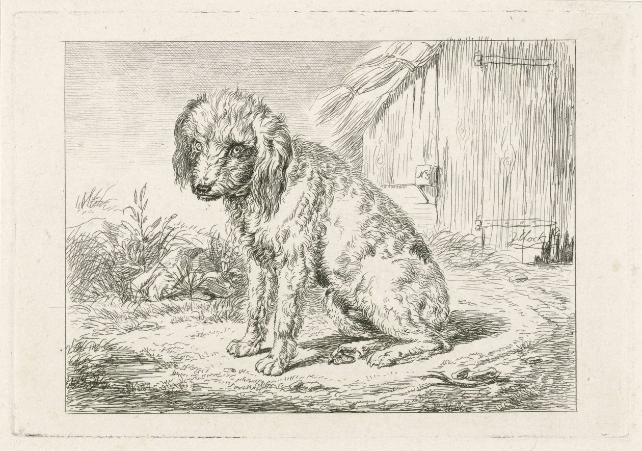 Siddende hund ved en lade af Johannes Mock