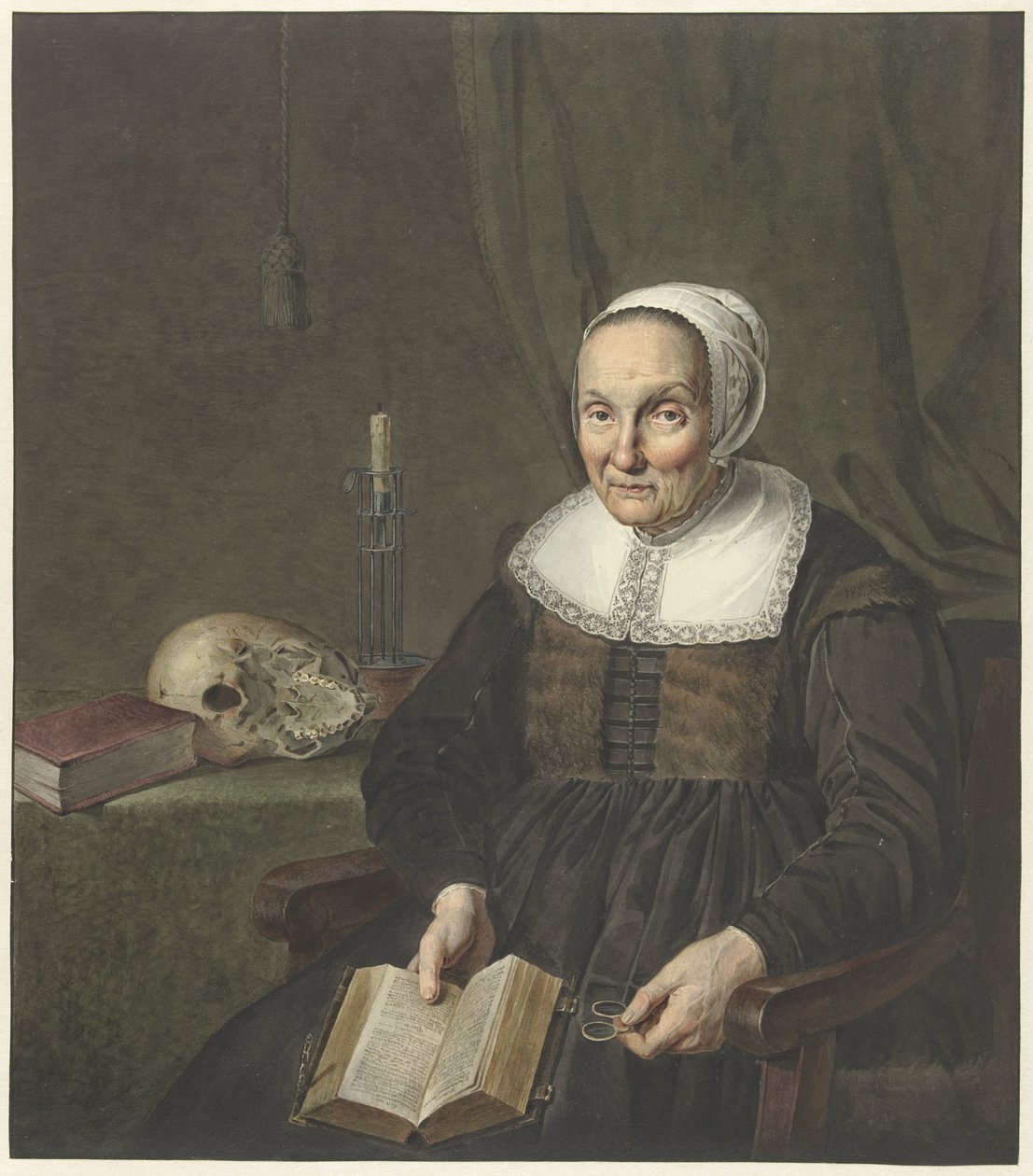 Portræt af en siddende gammel kvinde med en åben bog af Johannes Pieter de Frey