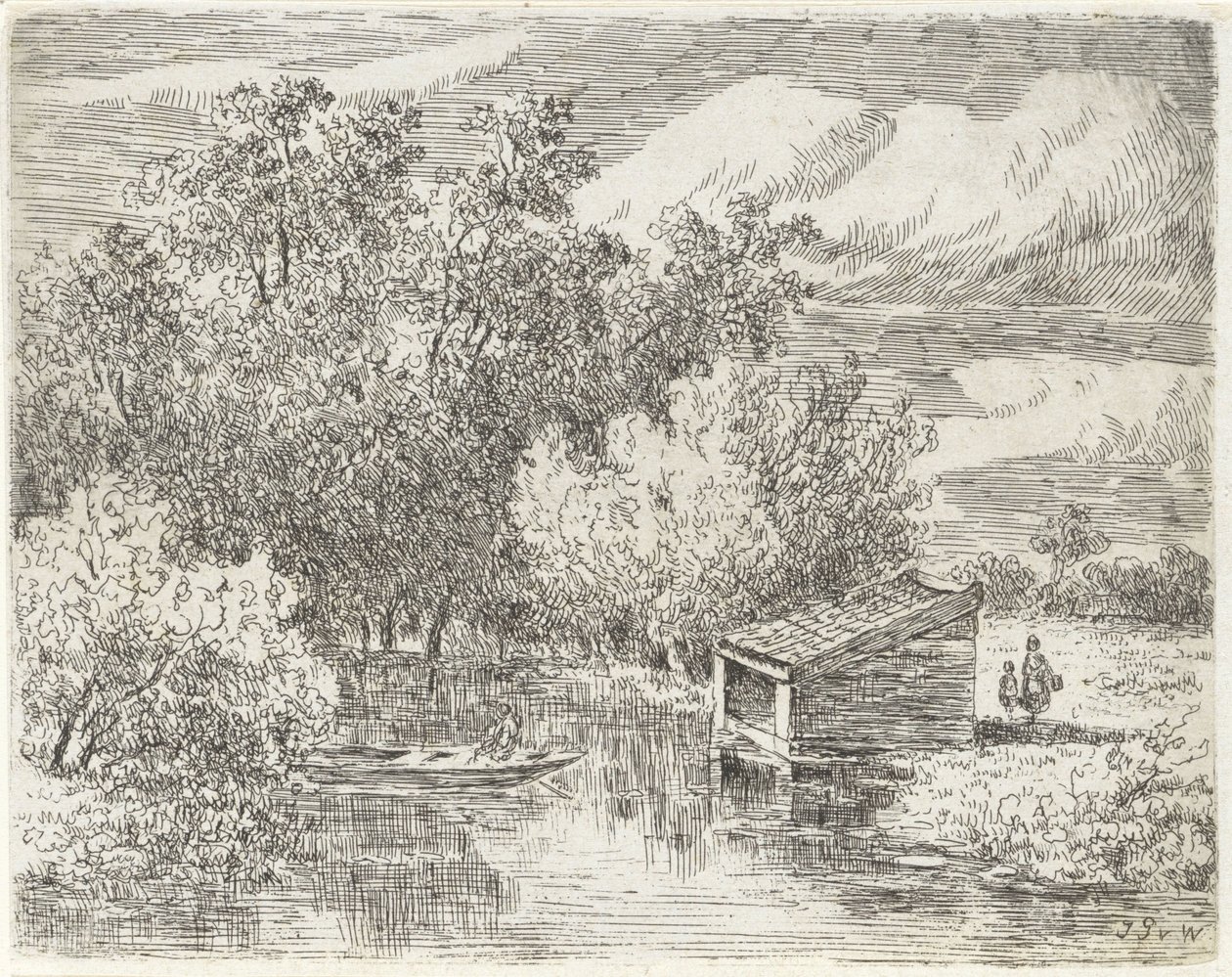 Bådehus ved en flod af Johannes Pieter van Wisselingh