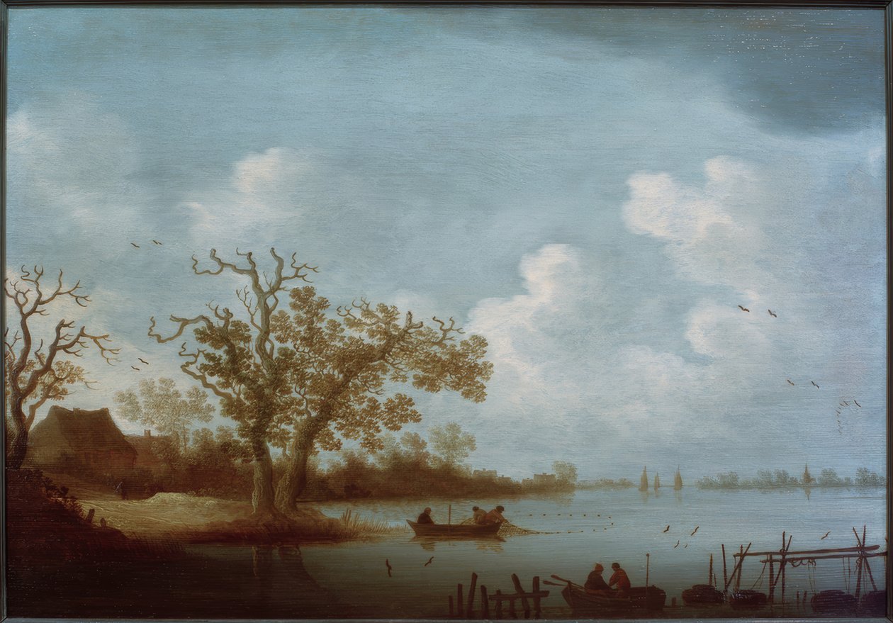 Hollandsk flodlandskab med bondehuse og fiskerbåde af Johannes Pietersz. Schoeff