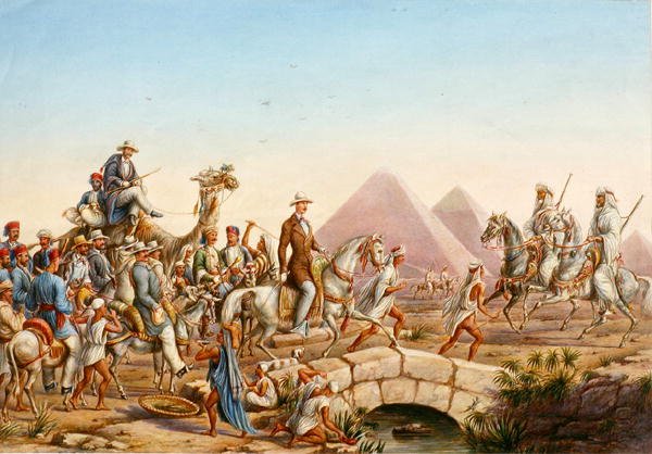 Prins Albert af Preussen med sit følge på turné i pyramiderne i Giza (akvarel på papir) af Johannes Rabe