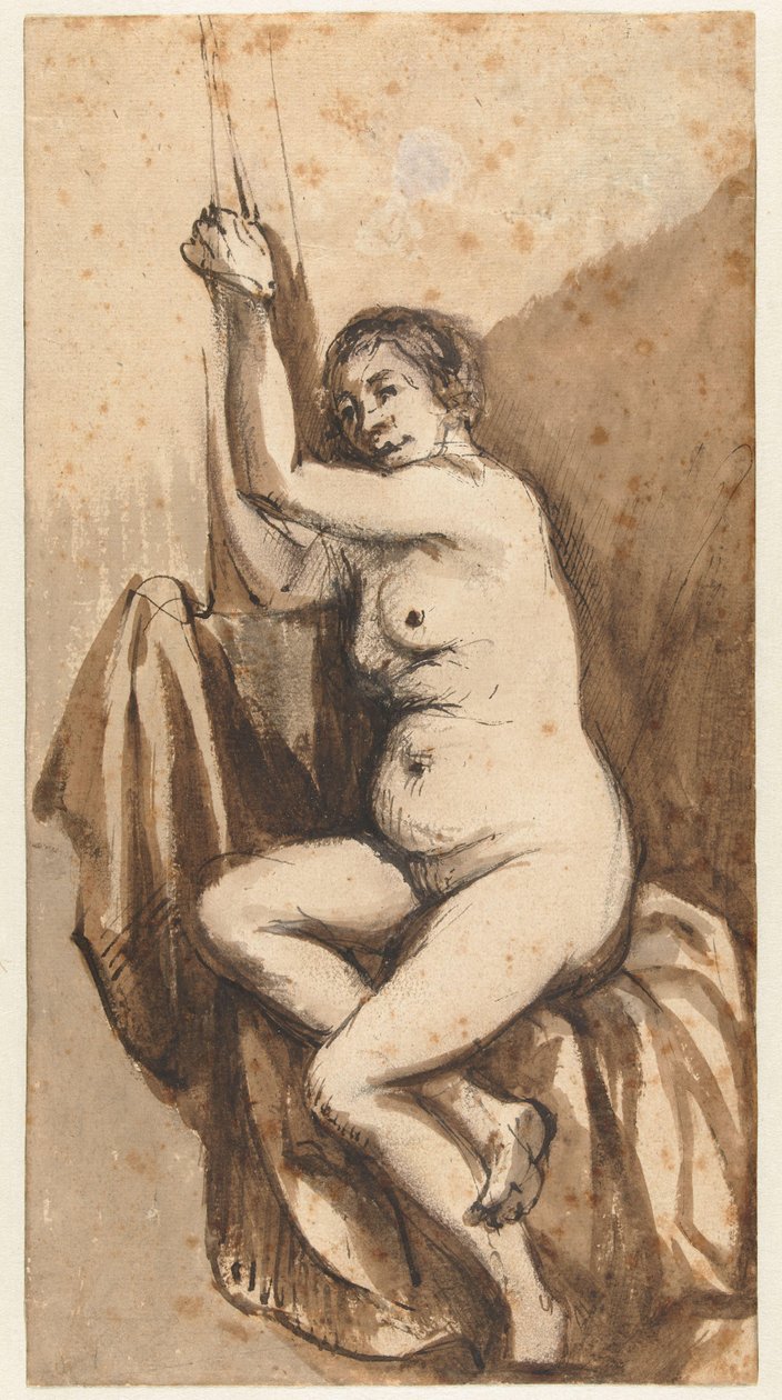 Siddende nøgen kvinde med løftede arme af Johannes Raven (attributed to)