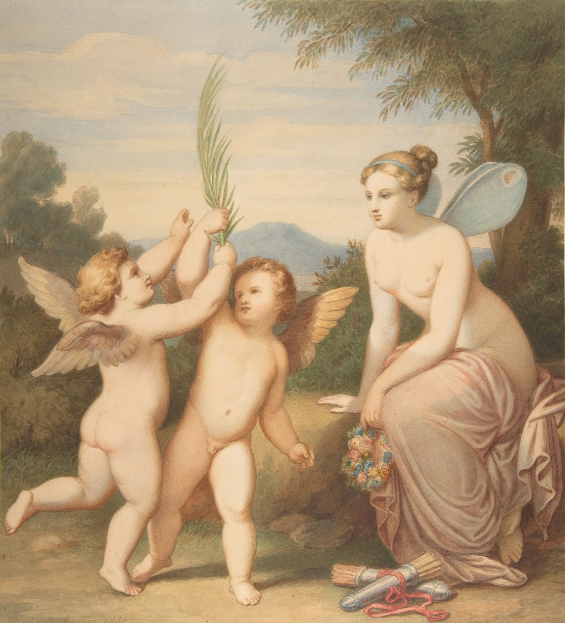 Eros og Anteros med psyke, der ser på dem, 1810-60. af Johannes Riepenhausen