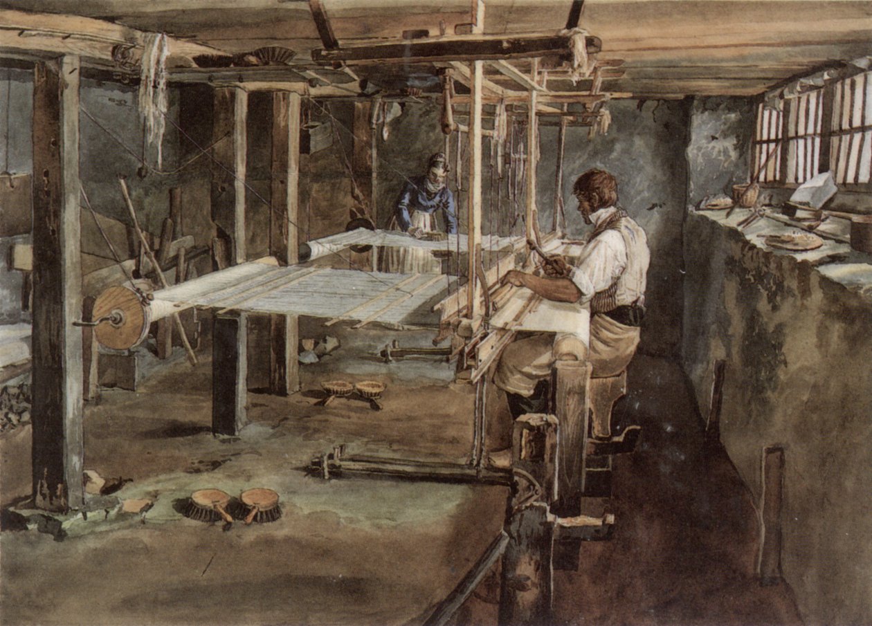 Appenzell væverpar i arbejde på håndvæven, omkring 1830 af Johannes Schiess