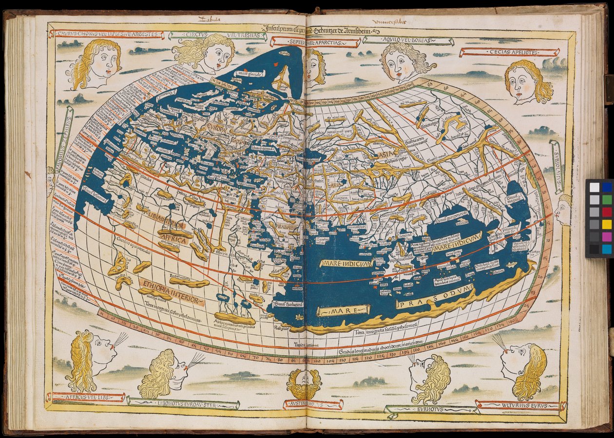 Den første udgave af Ptolemaios trykt i Tyskland, og den første med træsnitskort. Original indbinding. af Johannes Schnitzer