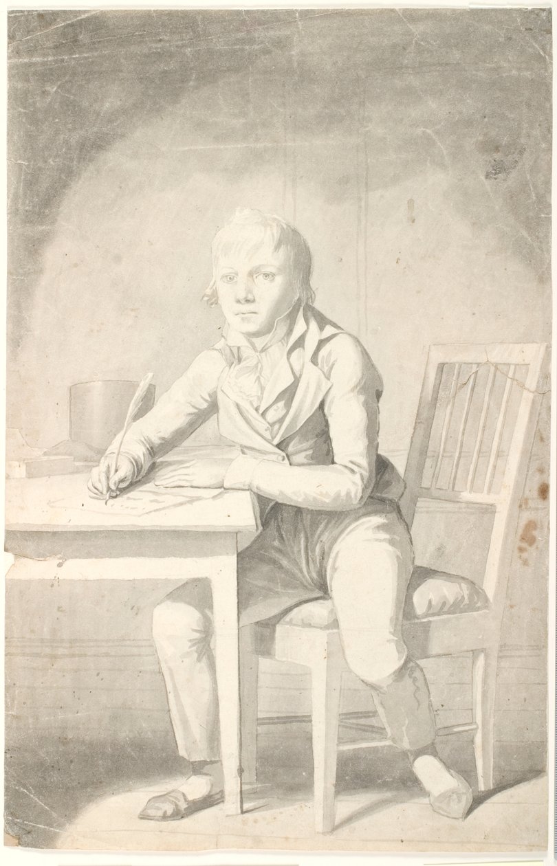 Ung skrivende dreng siddende ved et bord af Johannes Senn