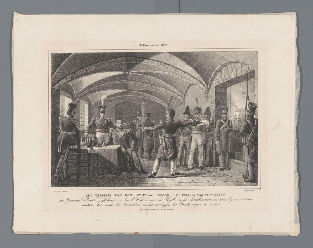 General Chassés ophold ved Citadellet i Antwerpen / (18. december 1832.) (titel på objektet) Fire plader af forsvaret af citadellet 10-18 december 1832 (serietitel) af Johannes Steyn