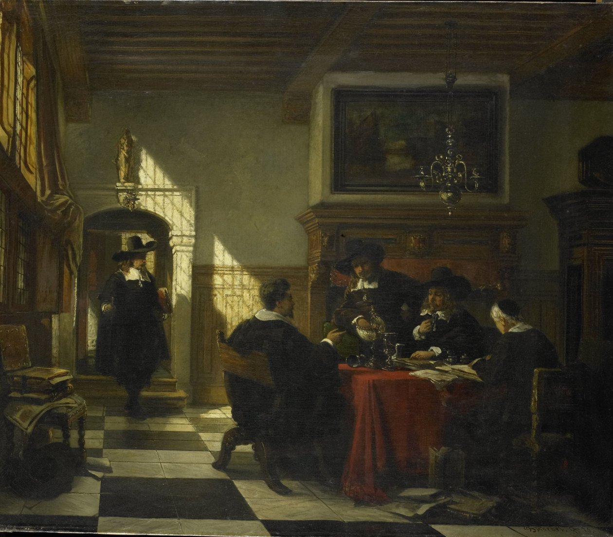 Selskab i 1600-tals kostume ved et bord, hvorpå en Nautilus kop af Johannes Stroebel