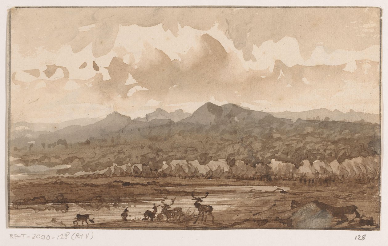 Bjerglandskab med hjorte af Johannes Tavenraat (signed by artist)