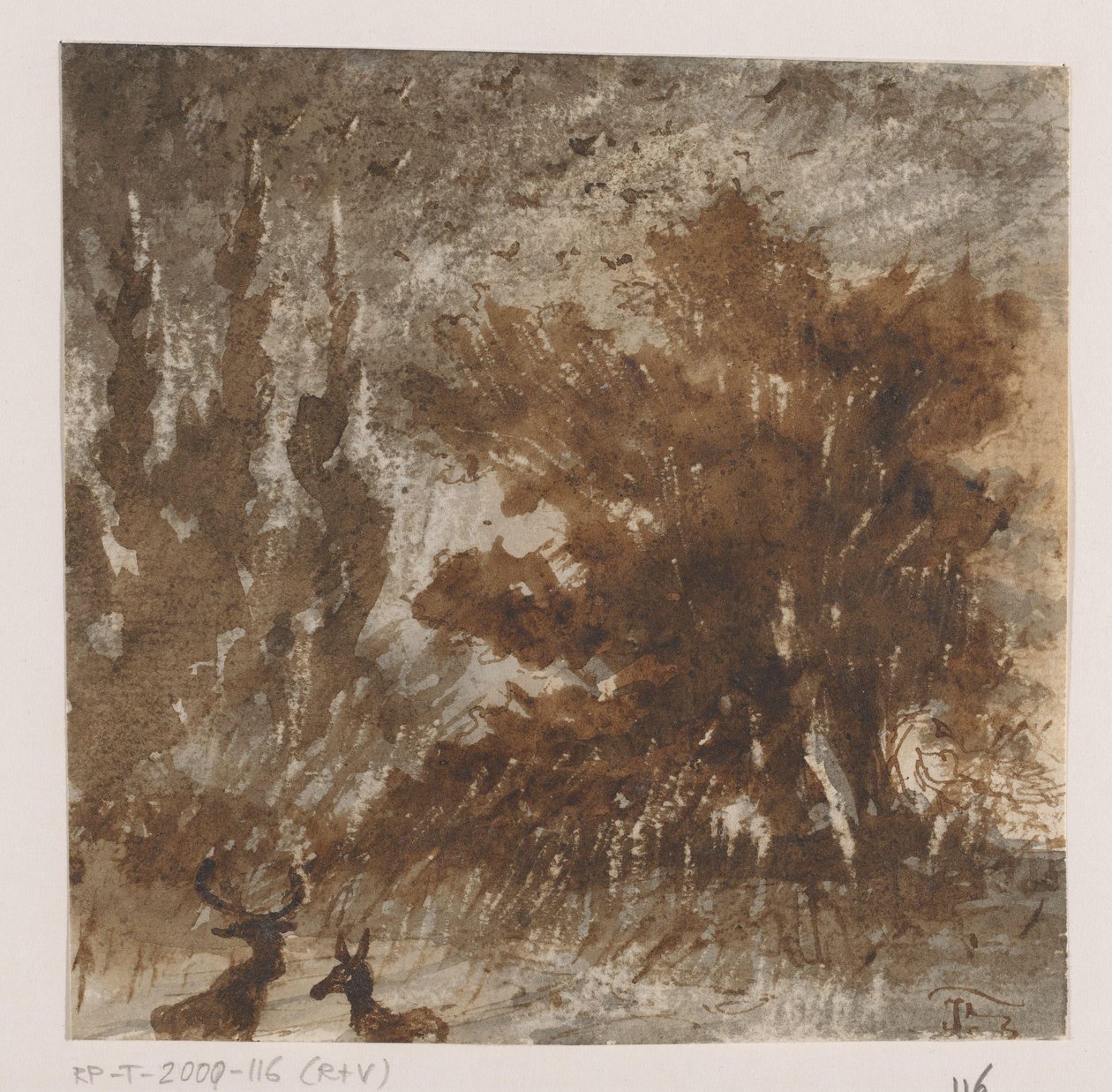 Hjorte og fugle nær høje træer af Johannes Tavenraat (signed by artist)