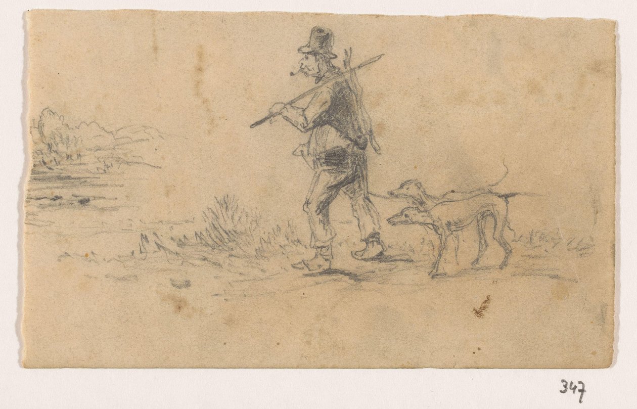 Jæger med hunde og en hare på ryggen af Johannes Tavenraat (signed by artist)