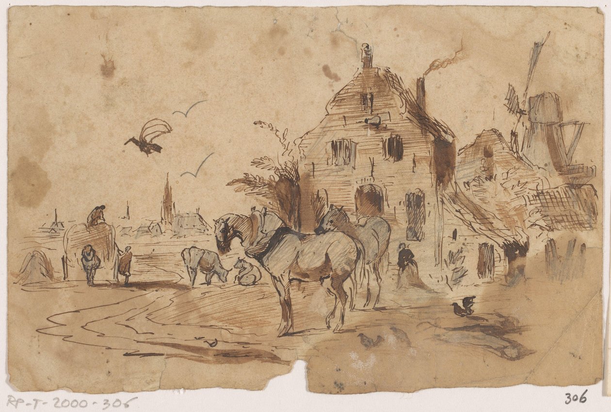Spændte heste foran et hus af Johannes Tavenraat