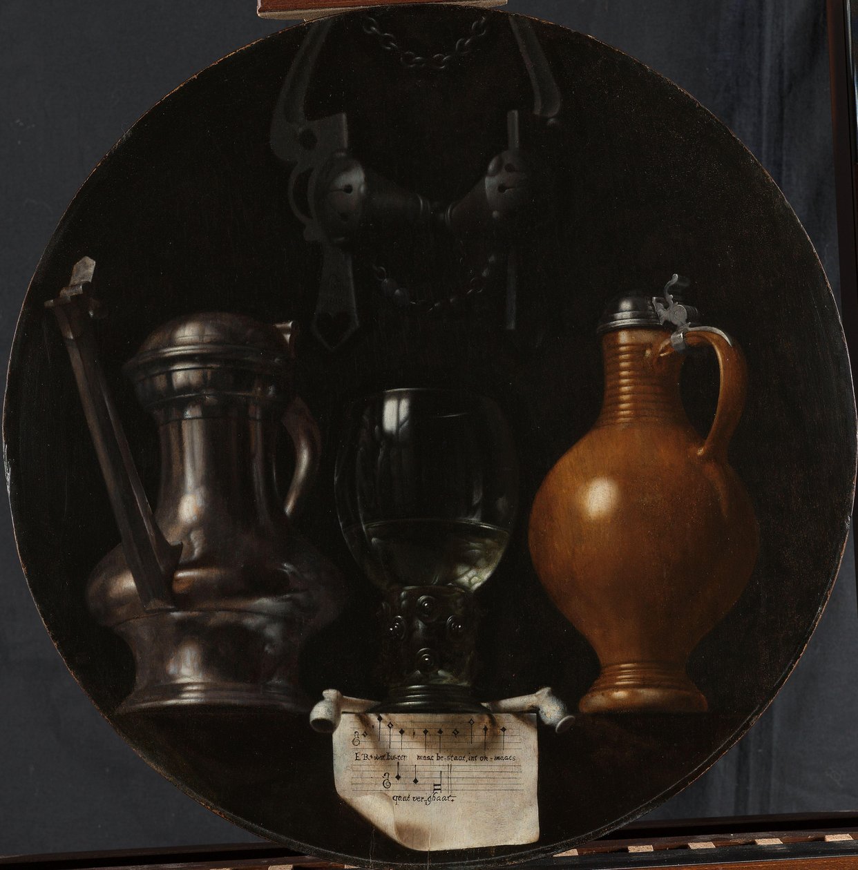Emblematisk stilleben med flag, glas, kande og trense Emblematisk stilleben med flagon, glas, kande og trense af Johannes Torrentius