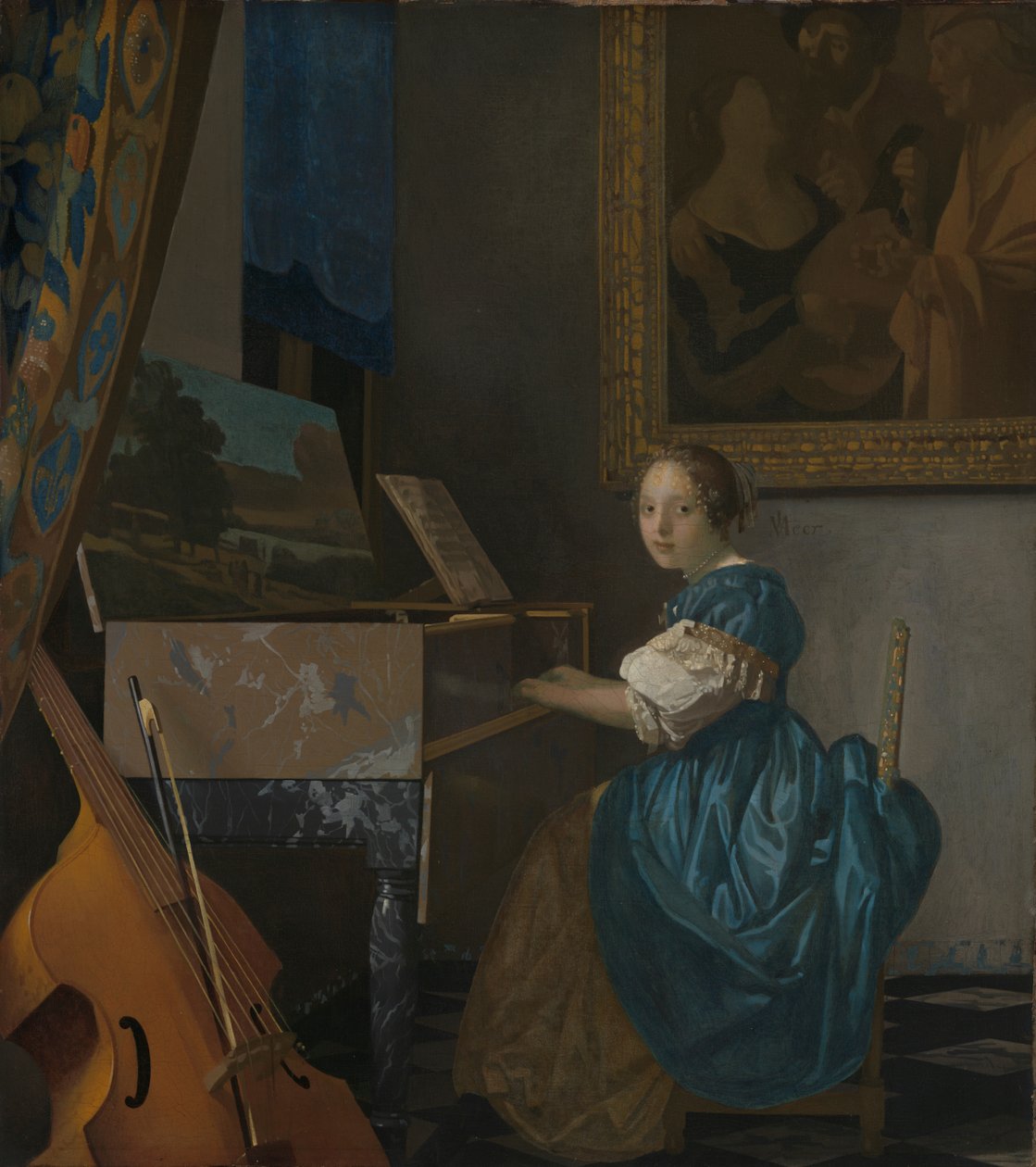 Eine junge Frau sitzt an einem Virginal af Johannes Vermeer