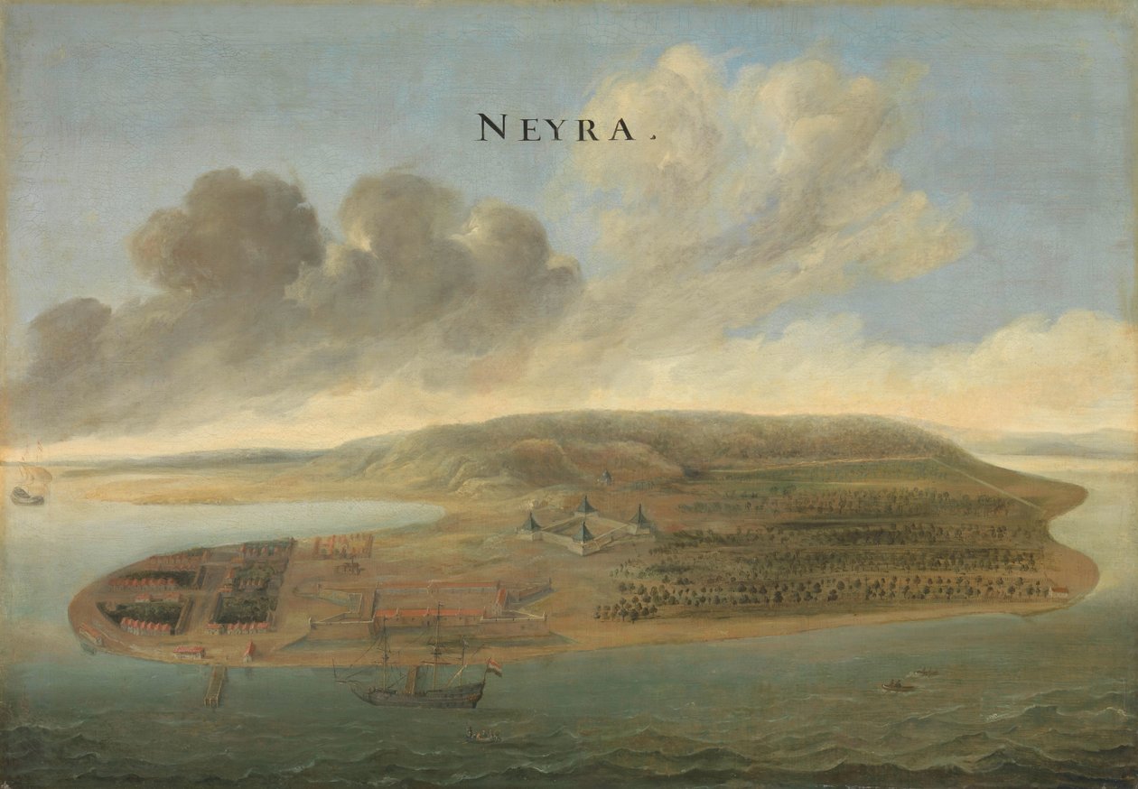 To visninger af det hollandske østindiske kompagnis handelssteder: Lawec i Cambodja og Banda på de sydlige Molukker Udsigt over Banda, det sydlige Molukker Neyra (titel på objekt) af Johannes Vinckboons (attributed to)