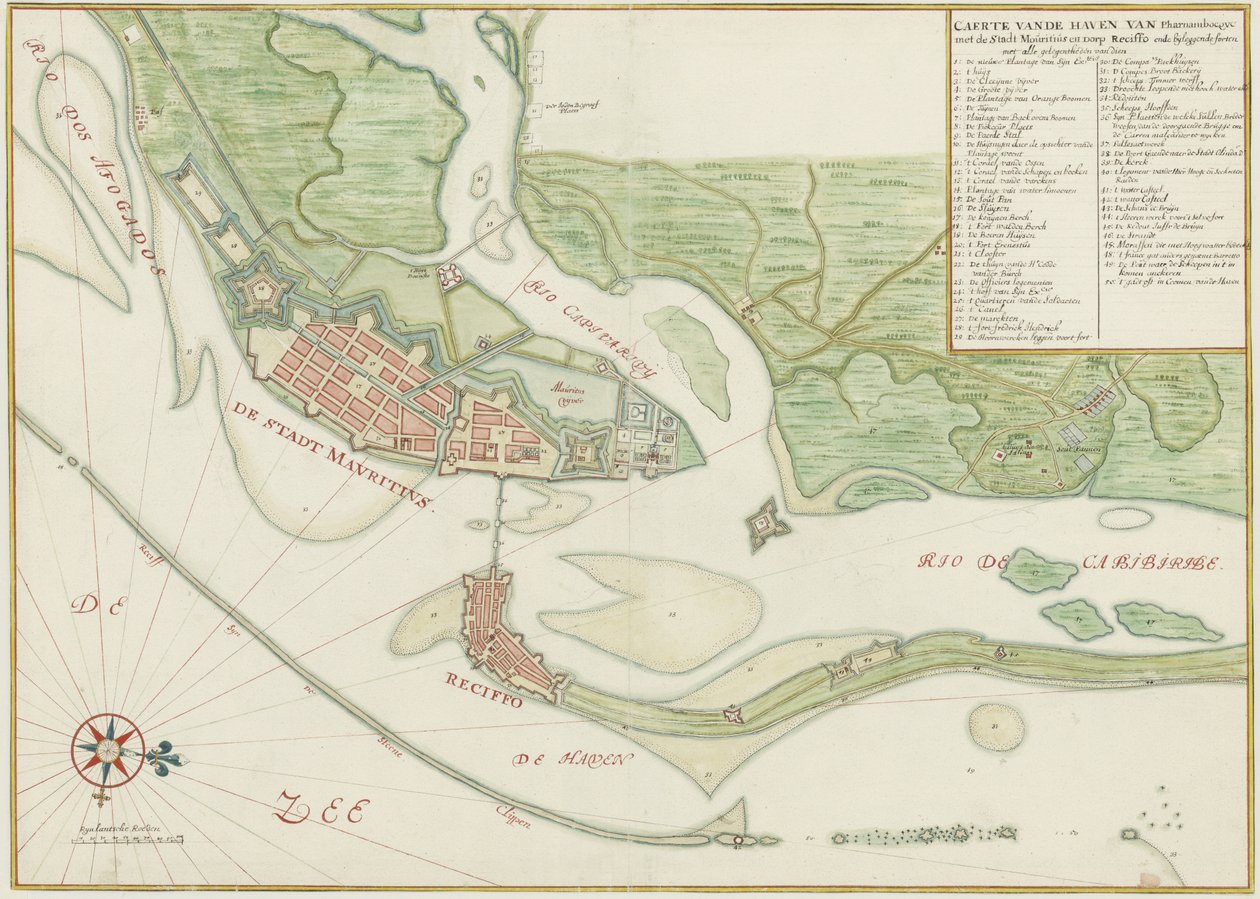 Akvarelkort over byen Recife (Brasilien) i det 17. århundrede af Johannes Vingboons