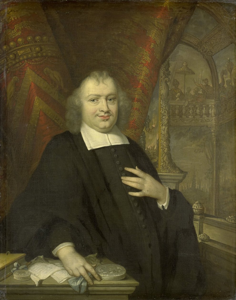 Portræt af Gaspar Fagel, storpensionær i Holland efter 1672 i baggrunden ses Hollands staters mødesal på Binnenhof i Haag af Johannes Vollevens (I) (copy after)