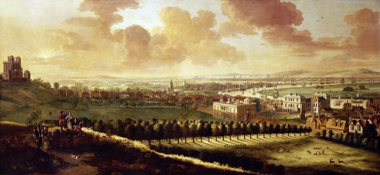 Udsigt over Greenwich og London (England), ca. 1680, med det kongelige observatorium til venstre, i midten dronningens hus og hjorte, der brøler frit i parken. af Johannes Vorsterman