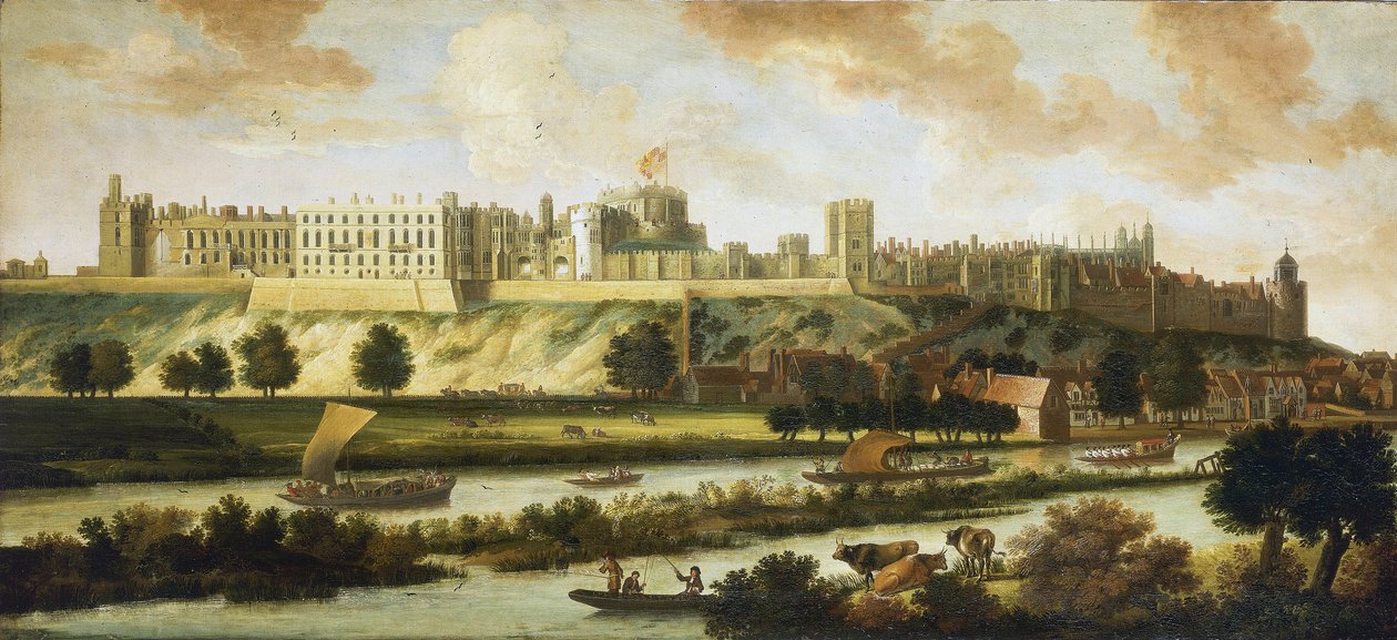 Udsigt over Windsor Castle og hele panoramaet omkring bygningen, med beskrivelse af parken og aktiviteter på floden, en række forskellige både, fra fiskerbåde til kongelige skibe af Johannes Vorsterman