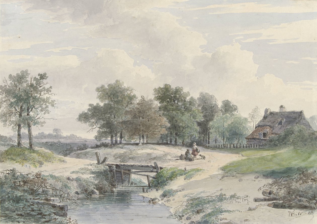 Landskab med bro og figurer foran en gård af Johannes Warnardus Bilders