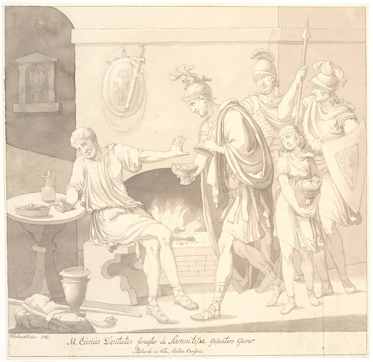 "M. Curius Dantatus foragter de Samnitiske Gesanters Gaver./ Plutach: in vita. Censor Cato." af Johannes Wiedewelt