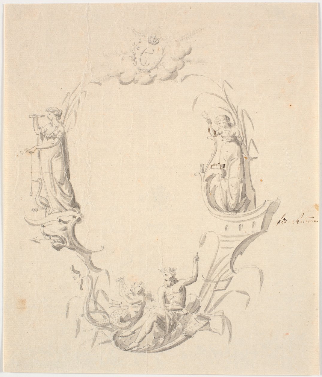 Udkast til titelvignet til et søkort (med teksten: Pass Kaart over Kattegattet, udg. af Søkortarkivet 1799) af Johannes Wiedewelt