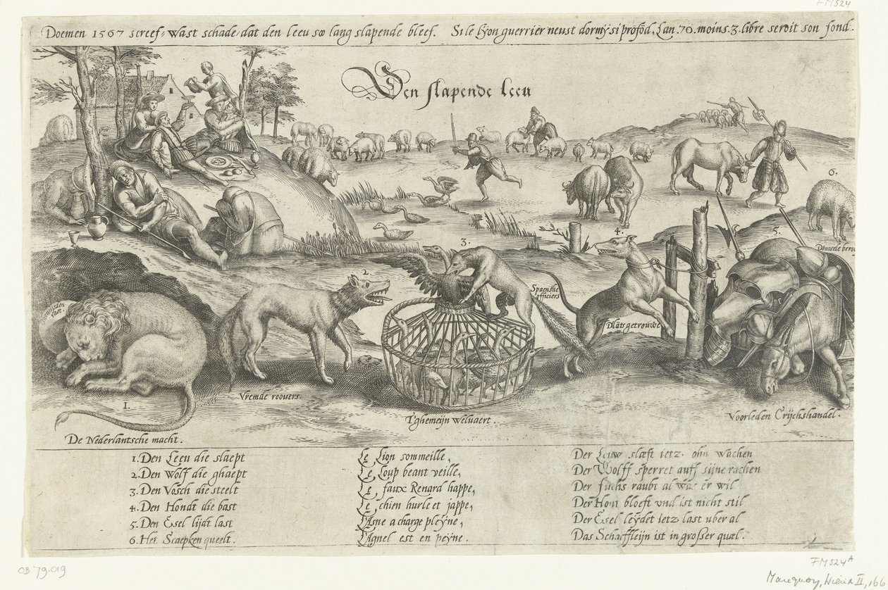 Den sovende løve, 1567 The Sleeping Lion (titel på objekt) Fire allegorier af begivenhederne mellem 1576-1579 i Holland (serietitel) af Johannes Wierix (attributed to)