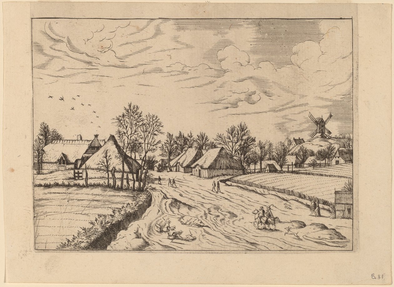 Landsby med Postmølle af Johannes and Lucas van Doetechum after Master of the Small Landscapes